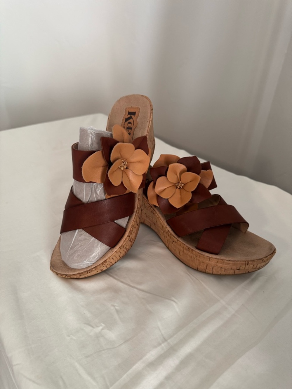 Kork-Ease Brown Leather Wedge Mules with Tan Flower Accents